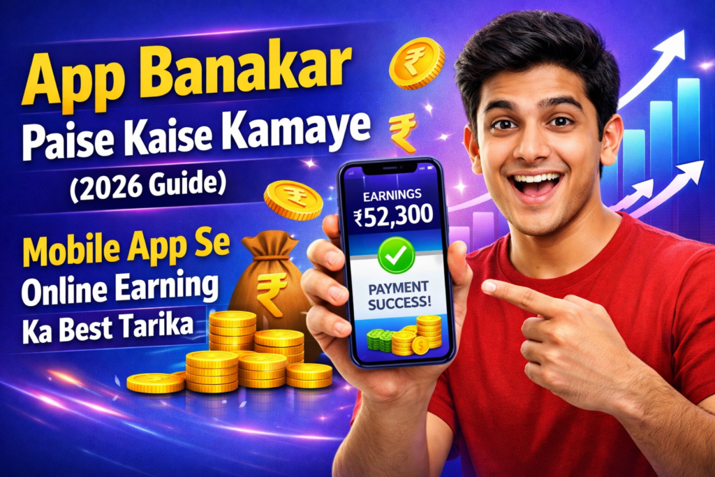 App Banakar Paise Kaise Kamaye 2026 Guide thumbnail with mobile app earning concept, money icons and growth graph