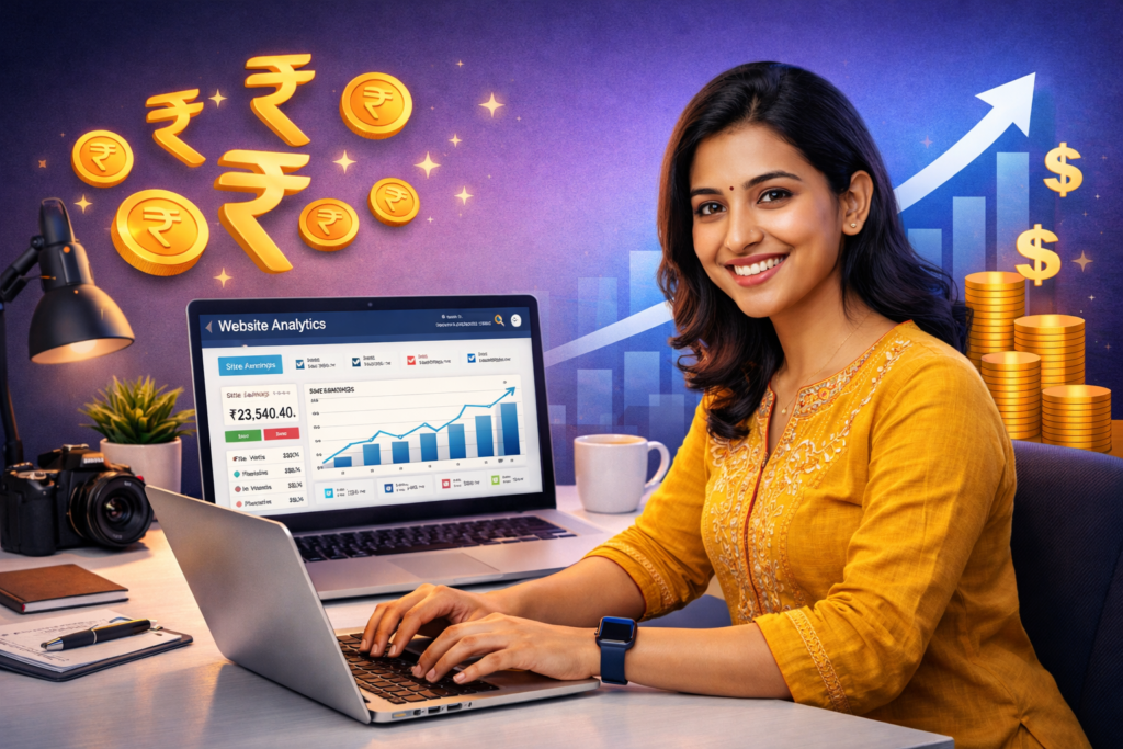 “Laptop par kaam karta hua Indian blogger, blogging aur online earning concept with rupee symbols and growth graph”