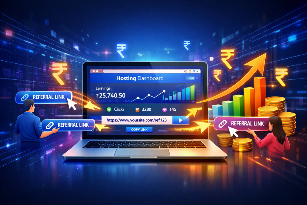 “Affiliate marketing concept with referral links, hosting dashboard, aur online paise kamane ka digital illustration”