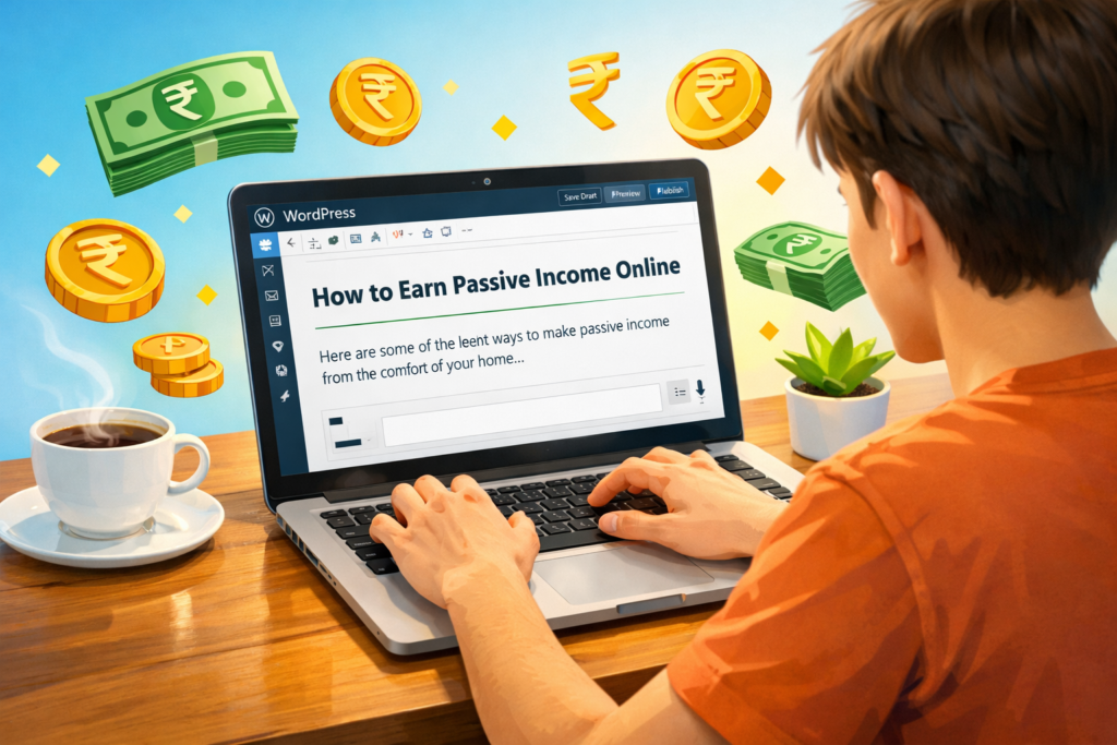 “WordPress par blog likhta hua person, content writing aur passive income earning concept with money icons”