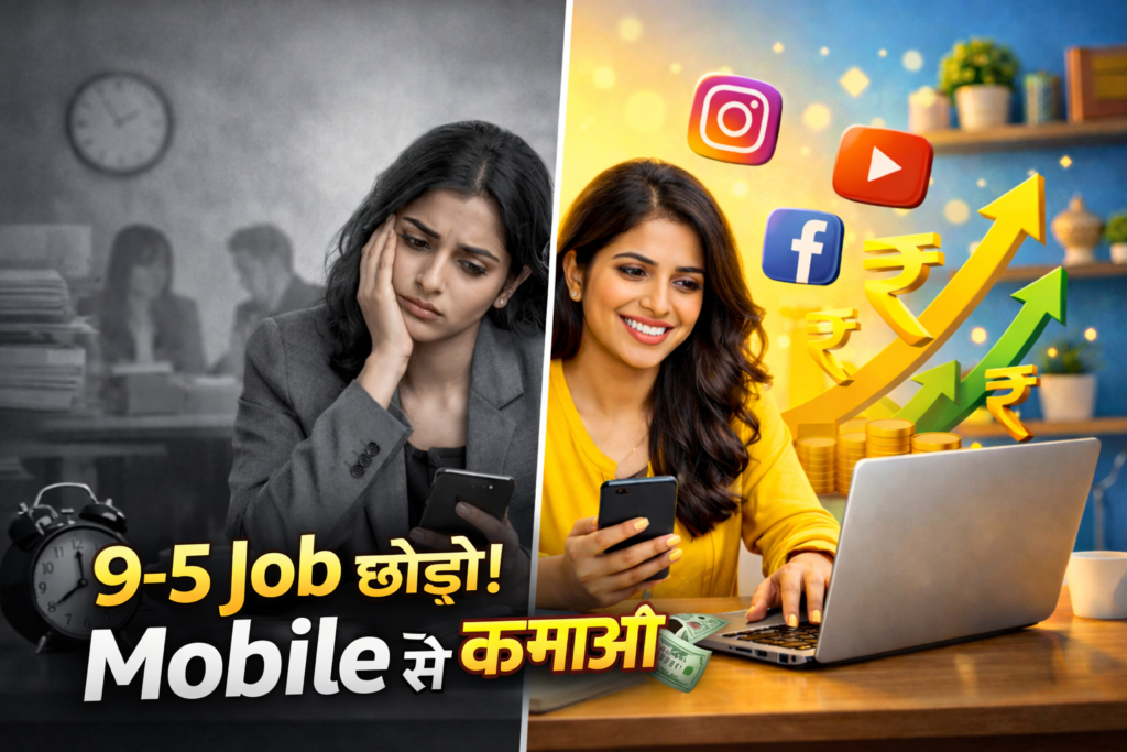 young indian woman earning money online from home using digital skills and mobile phone, affiliate marketing india work from home