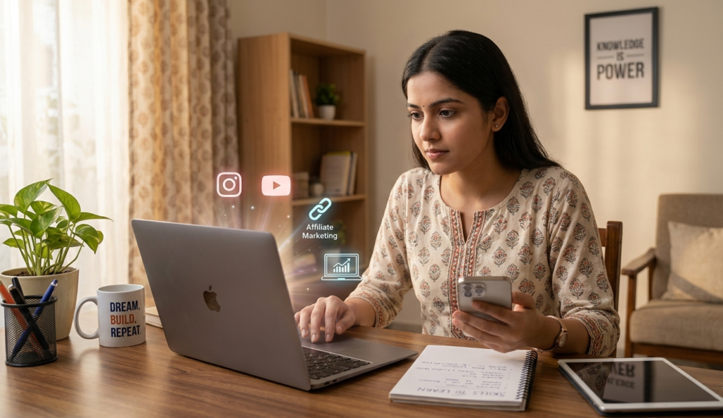 young indian woman learning digital skills from home using laptop and mobile blogging social media affiliate marketing