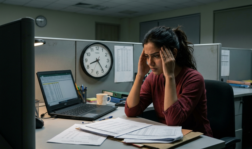 stressed indian office worker woman tired from 9-5 job sitting at desk with laptop and paperwork showing work stress and financial struggle