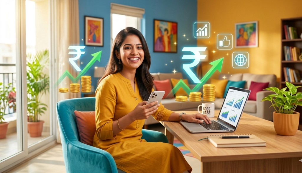 happy indian woman earning money online from home using laptop and mobile digital skills work from home success