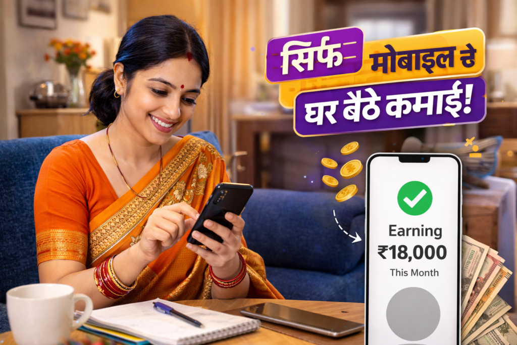 Indian housewife earning money from mobile at home showing ₹18000 online earning proof with smartphone